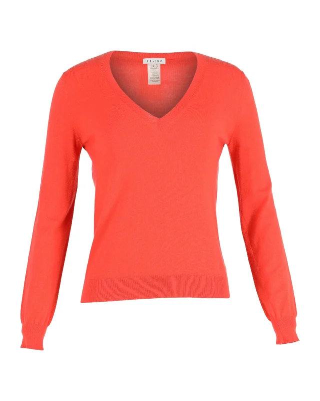 Celine V-Neck Sweater in Orange Cashmere Chenille Brocade Lace