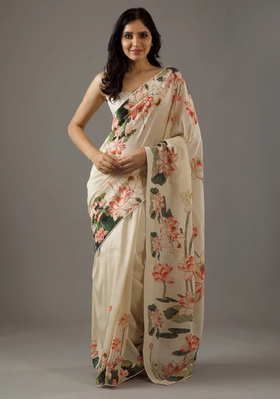 Women Cream_ Bright Moss Printed Saree With Un-Stiched Blouse Feminine Satin Blouse