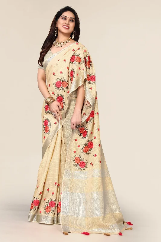 Women Party Wear Embroidery Worked Pure Cotton Silk Saree with Un Stitched Blouse Silky Draped Blouse