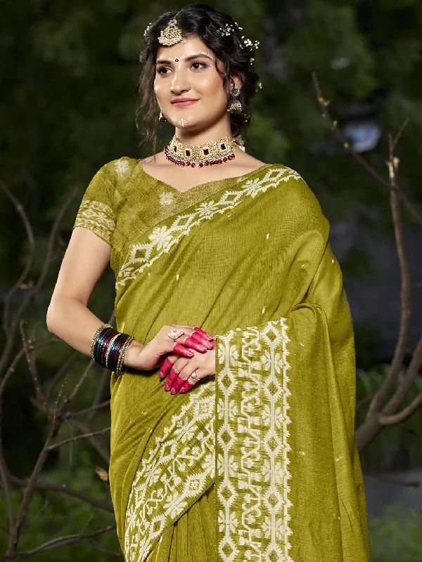 Women Olive Green Cotton Saree With Un Stitched Blouse Sheer Sleeve Blouse