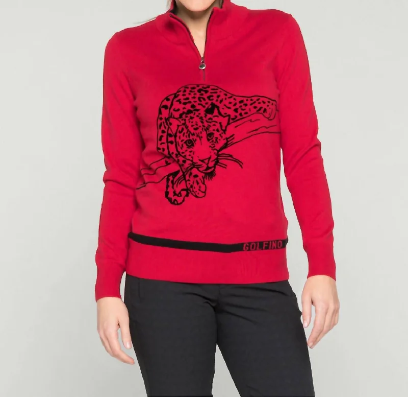 Leopard Instict Troyer Sweater In Red Polka Dot Checkered Tartan