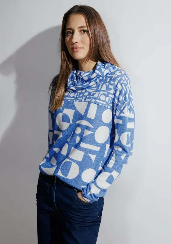 Cecil Volume Collar Graphic Sweater, Water Blue Melange Knit Fabric Woven Fabric Fleece Fabric Cecil Volume Collar Graphic Sweater, Water Blue Melange Knit Fabric Woven Fabric Fleece Fabric
