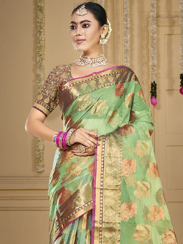 Women Pista Green Organza Saree With Un Stitched Blouse Silky Draped Blouse