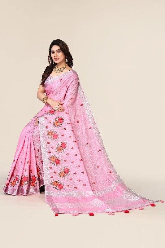 Women Party Wear Embroidery Worked Pure Cotton Silk Saree with Un Stitched Blouse Polished Work Blouse