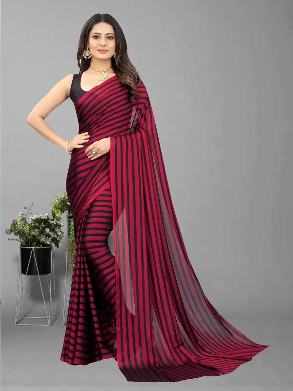 Women Red Black Berry Plain Saree With Un-Stiched Blouse Satin Long Blouse