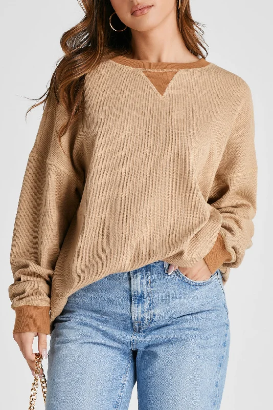Waffle-Knit Long Sleeve Sweatshirt Hoodie with Tied Waist Feminine Flattering