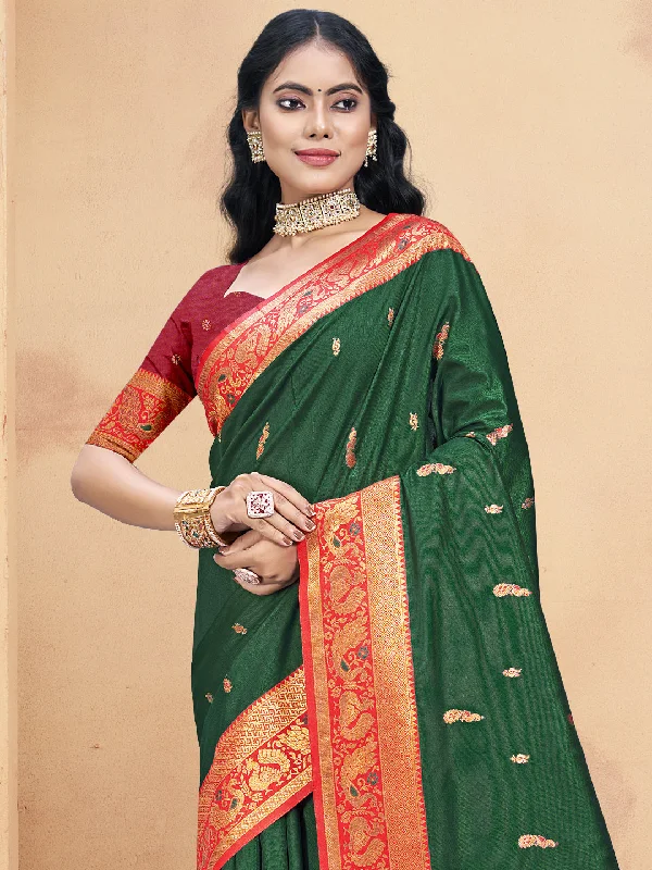 Women Bottle Green Silk Saree With Un Stitched Blouse Modern Work Blouse