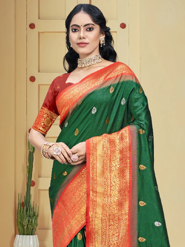 Women Dark Green Silk Saree With Un Stitched Blouse Airy Cotton Blouse