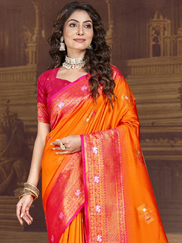 Women Orange Silk Saree With Un Stitched Blouse Embroidered Cotton Blouse