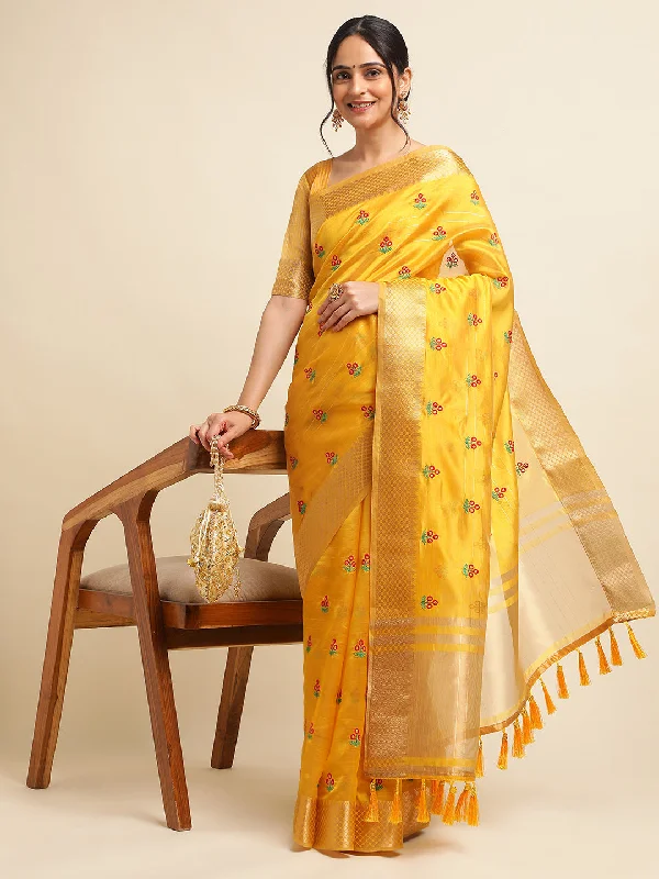 Women Party Wear Embroidery Worked Cotton Silk Saree with Un Stitched Blouse Elegant Embroidery Blouse
