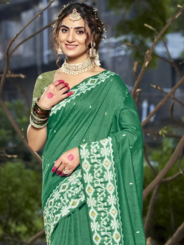 Women Green Cotton Saree With Un Stitched Blouse Collared Satin Blouse