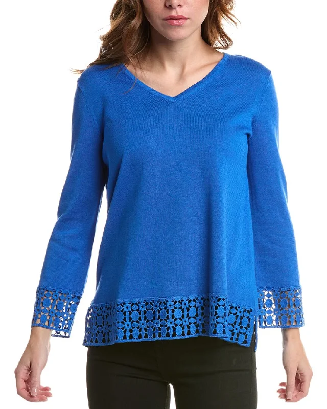 Edinburgh Knitwear Lace V-Neck Sweater Seamless Knitted Crochet
