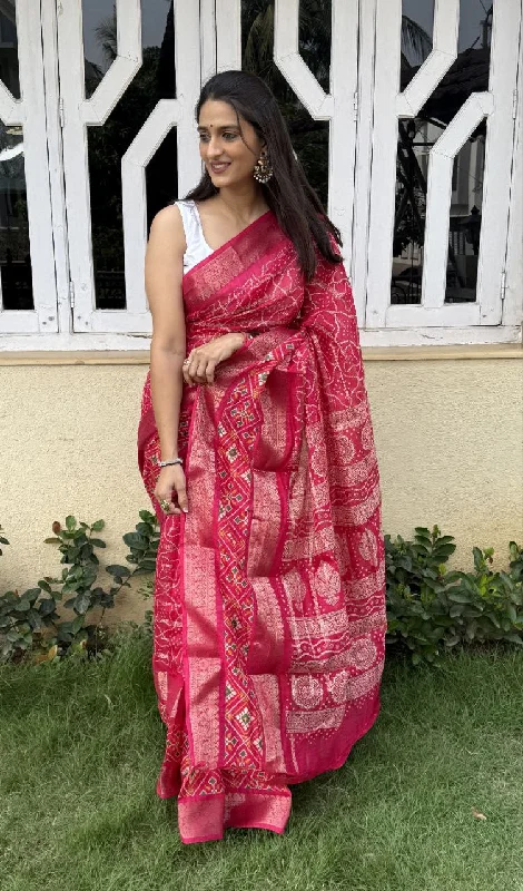 Women Party Wear Bandhani Printed Candy Cotton silk Saree with Un Stitched Blouse Drape Neck Blouse