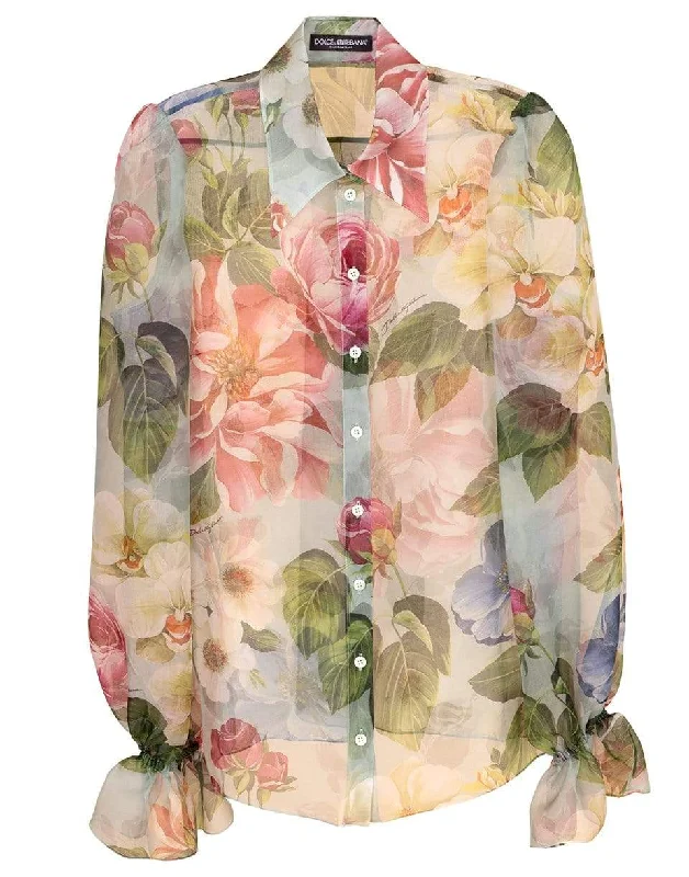 Print Elastic Sleeve Organza Blouse Mandarin Collar Blouse