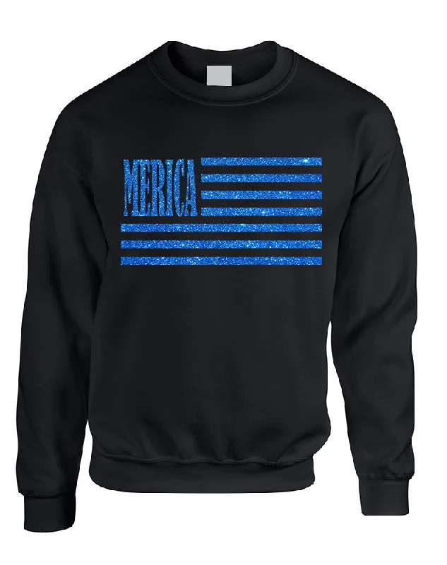 Adult Sweatshirt Merica Glitter Blue Flag 4th Of July Top Hoodie with Raglan Sleeves Sporty Comfortable
