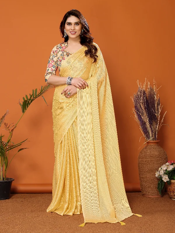 Women Yellow Polyester Zari Plain Saree With Un-Stiched Blouse Vintage Polka Blouse
