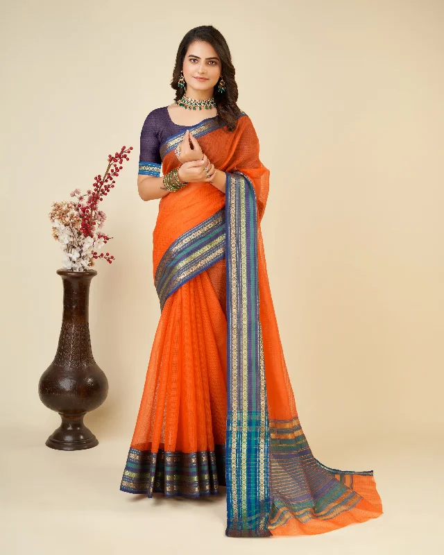 Women Orange Kota Doriya Soft Silk Weaving Work Saree With Un-Stiched Blouse Sweetheart Neck Blouse Women Orange Kota Doriya Soft Silk Weaving Work Saree With Un-Stiched Blouse Sweetheart Neck Blouse