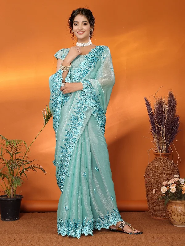 Women Party Wear Embroidery Worked Organza Blend Silk Saree with Un Stitched Blouse Floral Print Blouse