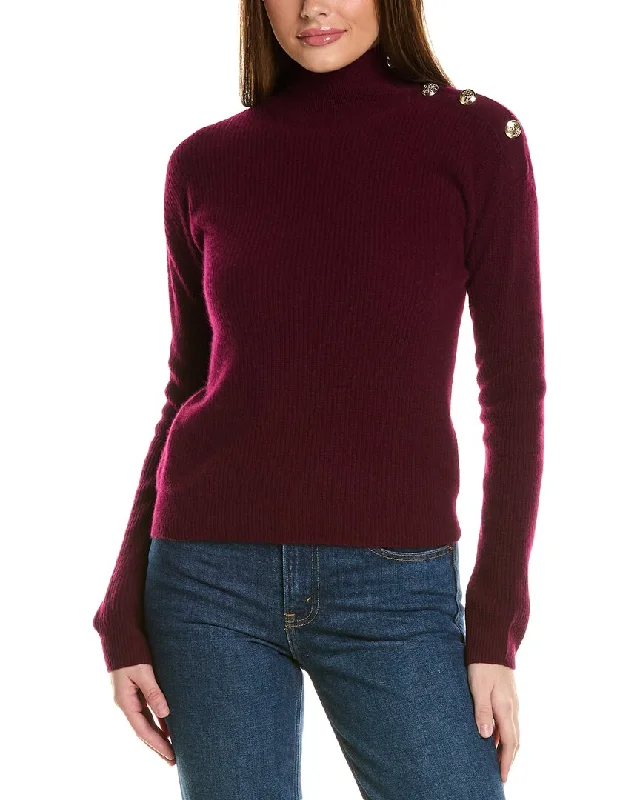 Bruno Magli Rib Button Shoulder Mock Nek Cashmere Sweater Silk Blend Satin Velvet