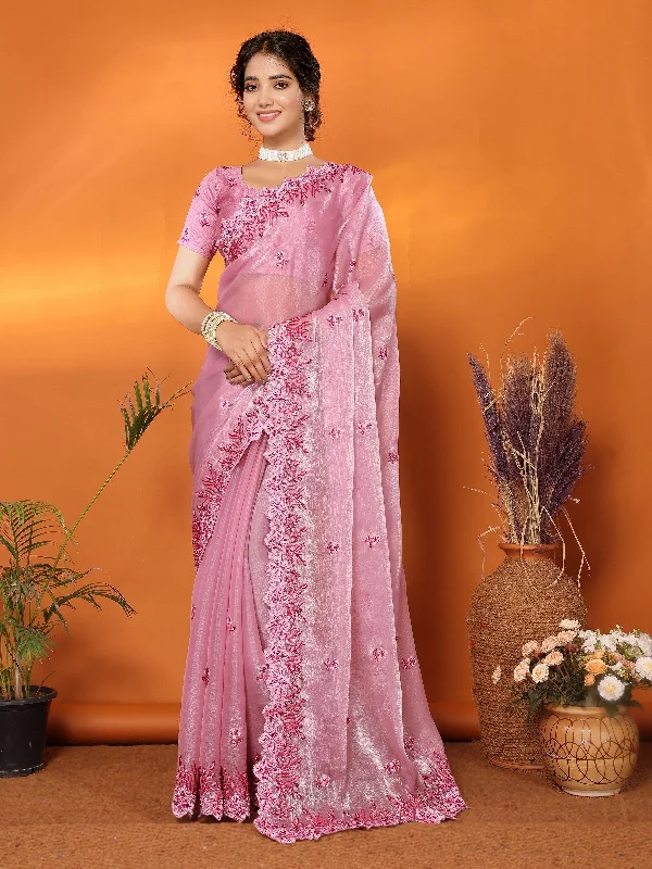 Women Party Wear Embroidery Worked Organza Blend Silk Saree with Un Stitched Blouse Vintage Lace Blouse