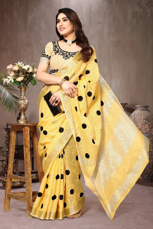Women Party Wear Embroidery Worked Pure Soft Cotton Silk Saree with Un Stitched Blouse Classic Striped Blouse