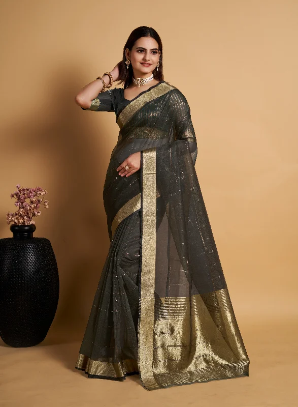 Women Black Organza Silk Weaving Work Saree With Un-Stiched Blouse Casual Stripe Blouse Women Black Organza Silk Weaving Work Saree With Un-Stiched Blouse Casual Stripe Blouse
