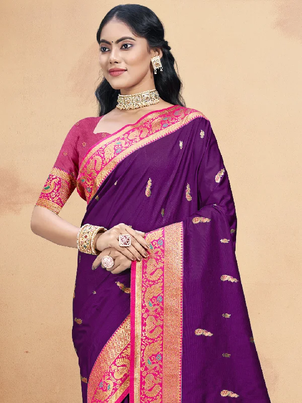 Women Wine Silk Saree With Un Stitched Blouse Elegant Semi-Sheer Blouse