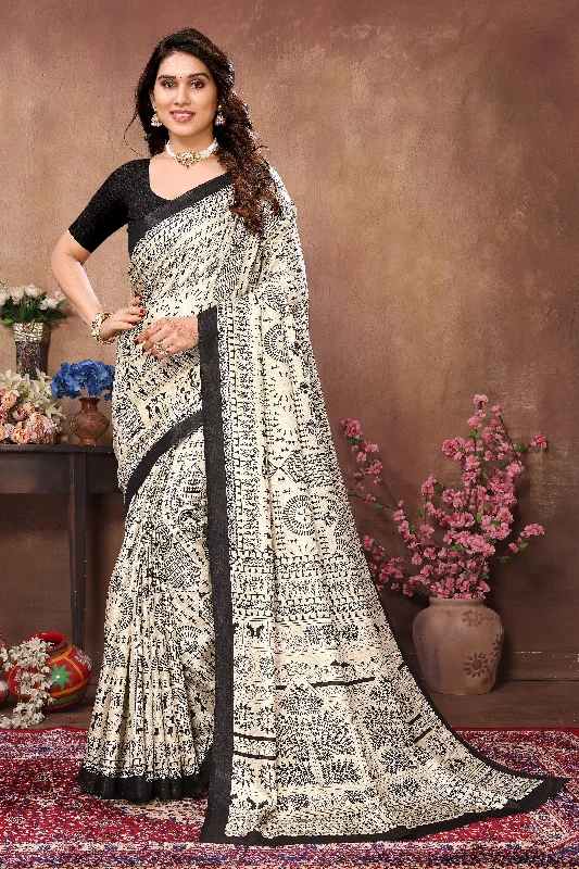 Women Cream Khadi Printed Saree With Un-Stiched Blouse Chic Ruffle Blouse