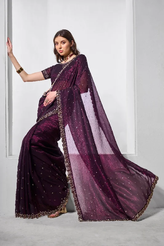 Women Party Wear Heavy Embroidery Worked Crunchy Chiffon Silk Saree with Un Stitched Blouse Drape Neck Blouse