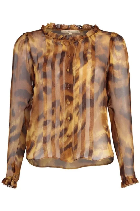 Long Sleeve Leopard Print Pleat Blouse Modern Work Blouse