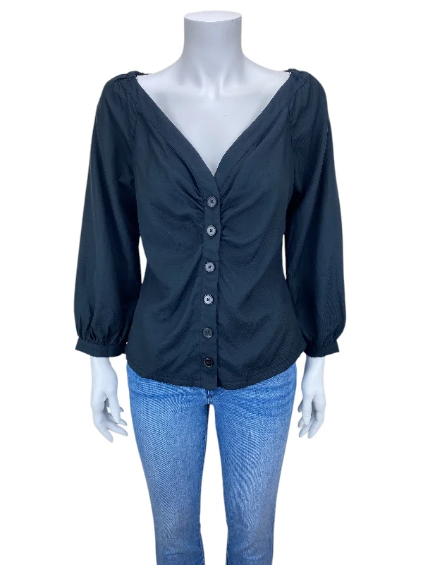 Anthropologie Maeve Women's Solange Ruched Blouse Black Multi Size M Sleeveless Chiffon Blouse