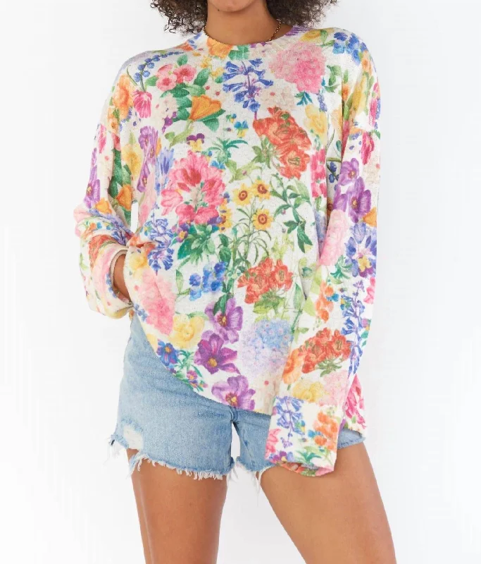 Sue Cuffed Tunic Sweater In Ivory Botanical Floral Knit Satin Blend Silk Blend Wool Blend Sue Cuffed Tunic Sweater In Ivory Botanical Floral Knit Satin Blend Silk Blend Wool Blend