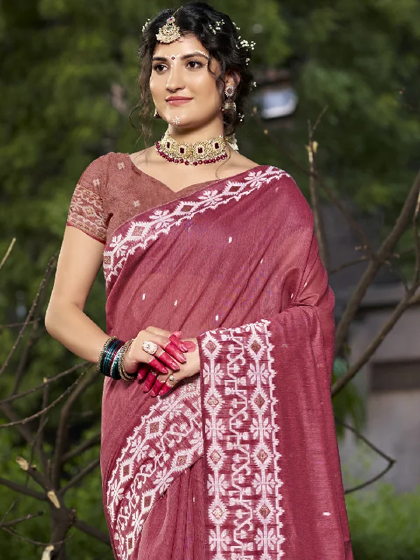 Women Dark Pink Cotton Saree With Un Stitched Blouse Double Button Blouse