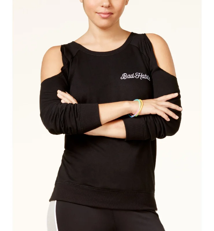 Material Girl Active Juniors Graphic Cold Shoulder Sweatshirt Hoodie with Hem Applique Textured Unique