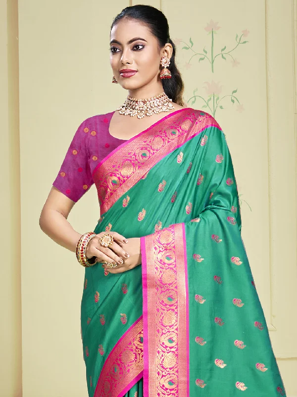 Women Teal Green Silk Saree With Un Stitched Blouse Chic Off-Shoulder Blouse