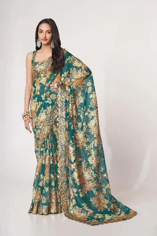 Women Teal Blue Organza Sequins Embroidery Work With Digital Print Saree With Un-Stiched Blouse Asymmetric Hem Blouse Women Teal Blue Organza Sequins Embroidery Work With Digital Print Saree With Un-Stiched Blouse Asymmetric Hem Blouse