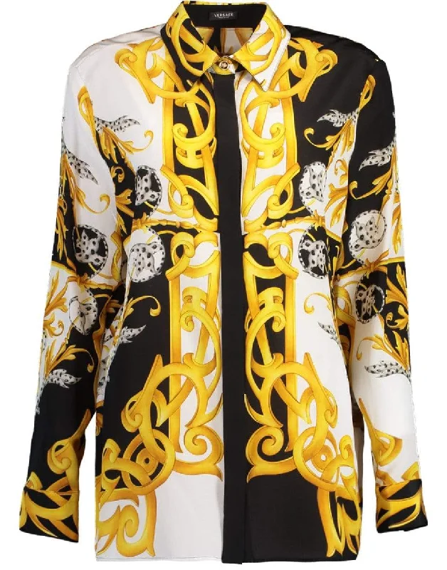 Black and Gold Silk Baroque Print Blouse Mandarin Collar Blouse