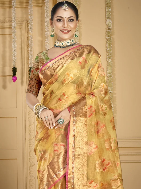 Women Beige Organza Saree With Un Stitched Blouse Peter Pan Blouse