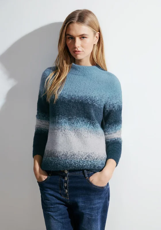 Cecil Fluffy Striped Knitted Sweater, Strong Petrol Blue Zippered Buttoned Snapped