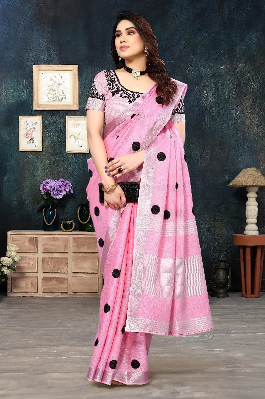 Women Party Wear Embroidery Worked Pure Soft Cotton Silk Saree with Un Stitched Blouse Double-Layered Blouse