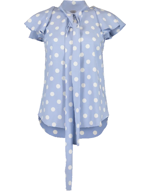 Flutter Sleeve Tie Neck Polka Dot Blouse Chic Ruffle Blouse