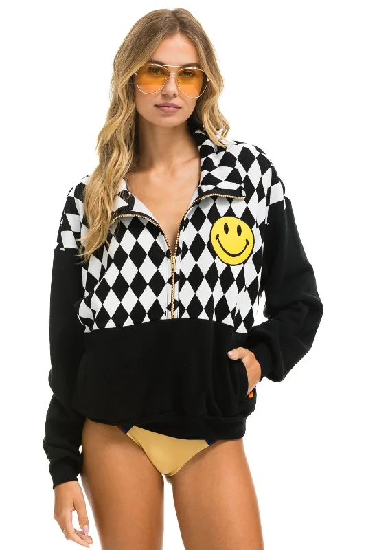 DIAMOND SMILEY 2 EMBROIDERY FLEECE HALF ZIP SWEATSHIRT - BLACK // WHITE Hoodie with Bell Sleeves Flared Feminine DIAMOND SMILEY 2 EMBROIDERY FLEECE HALF ZIP SWEATSHIRT - BLACK // WHITE Hoodie with Bell Sleeves Flared Feminine
