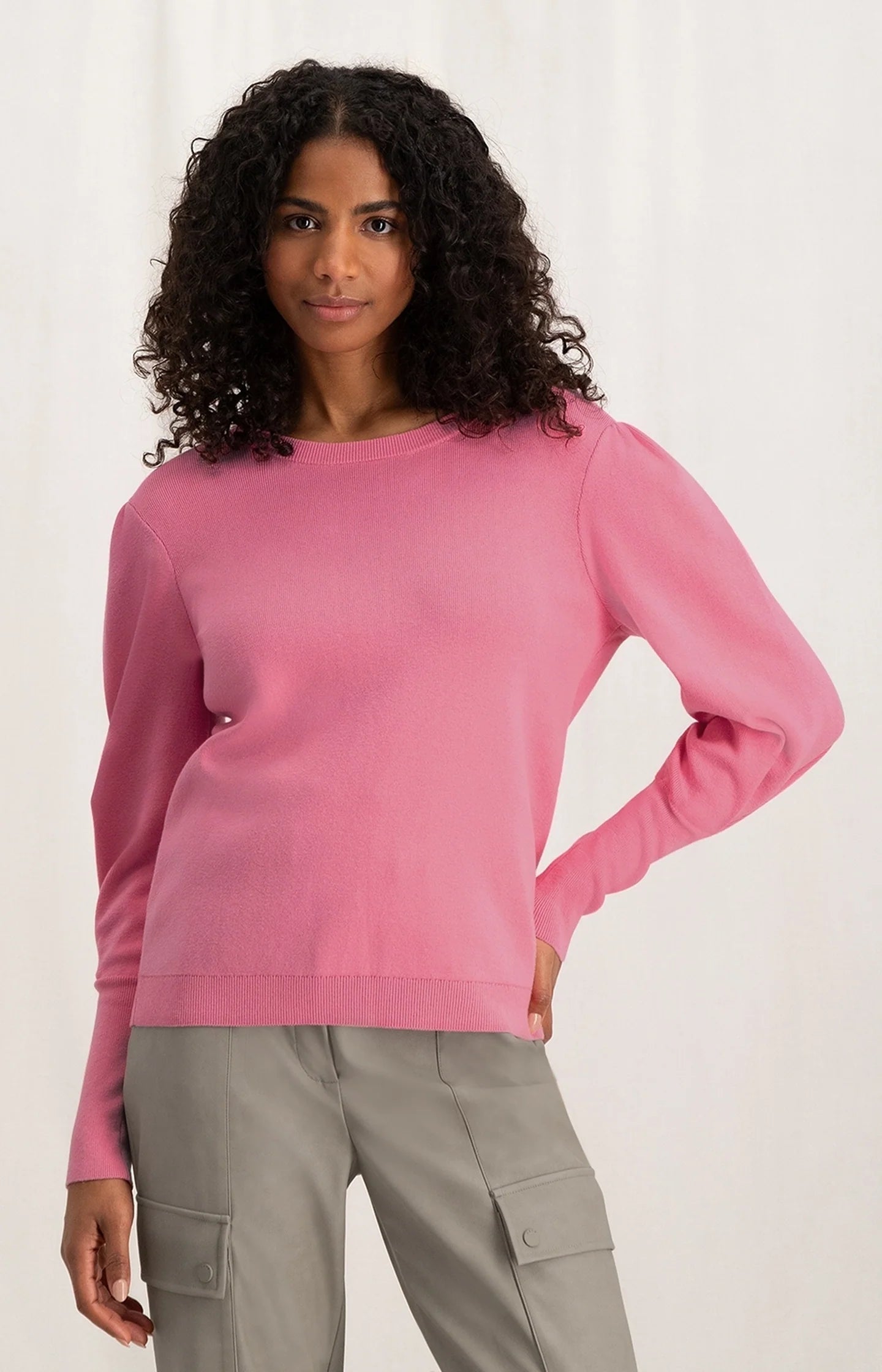 YAYA Puff Sleeve Seam Detail Sweater, Morning Glory Pink Slim Fit Regular Fit Oversized
