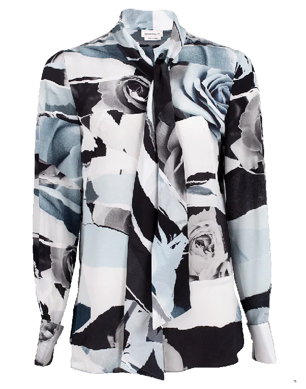 Floral Print Neck Tie Blouse Semi-Sheer Blouse