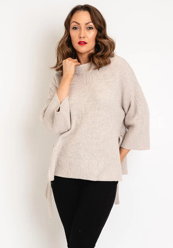 Fransa Bitte Side Tie Ribbed Jumper, Beige Boat Neck Shawl Collar Notched Collar