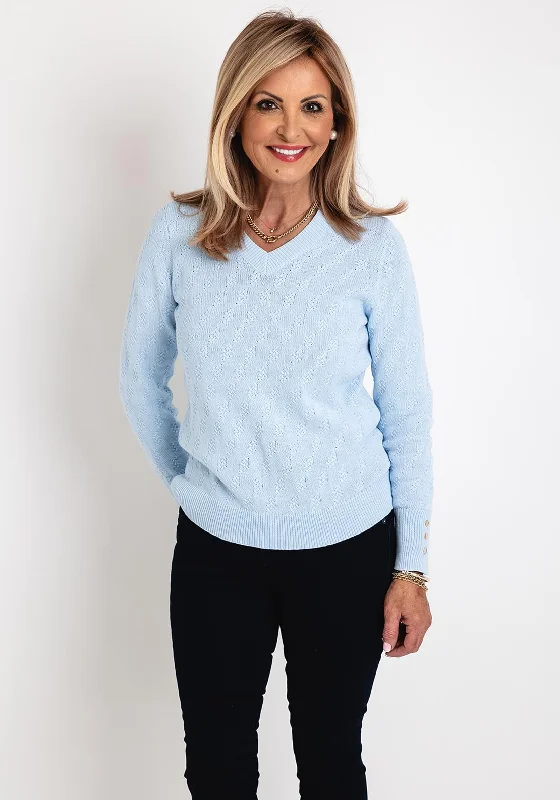 Micha Round Neck Basic Fine Cotton Knit Sweater, Light Blue Elasticated Padded Insulated Micha Round Neck Basic Fine Cotton Knit Sweater, Light Blue Elasticated Padded Insulated