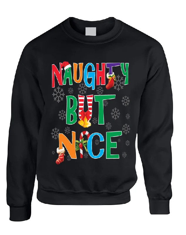Adult Sweatshirt Naughty But Nice Cute Xmas Shirt Funny Gift Hoodie with Drop Shoulder Relaxed Streetwear
