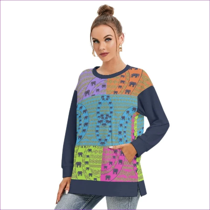 Elegant Elephant Womens Side Split O-neck Sweatshirt Hoodie with Hem Fringe Bohemian Relaxed Elegant Elephant Womens Side Split O-neck Sweatshirt Hoodie with Hem Fringe Bohemian Relaxed