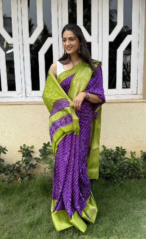 Women Party Wear Bandhani Printed Dhola silk Saree with Un Stitched Blouse Boho Chic Blouse