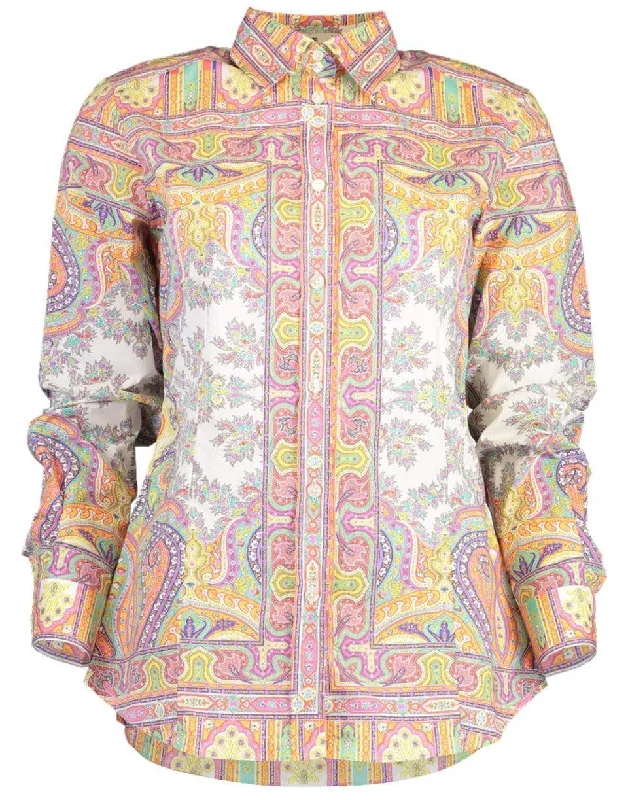 Long Sleeve Button Down Printed Blouse Side Tie Blouse